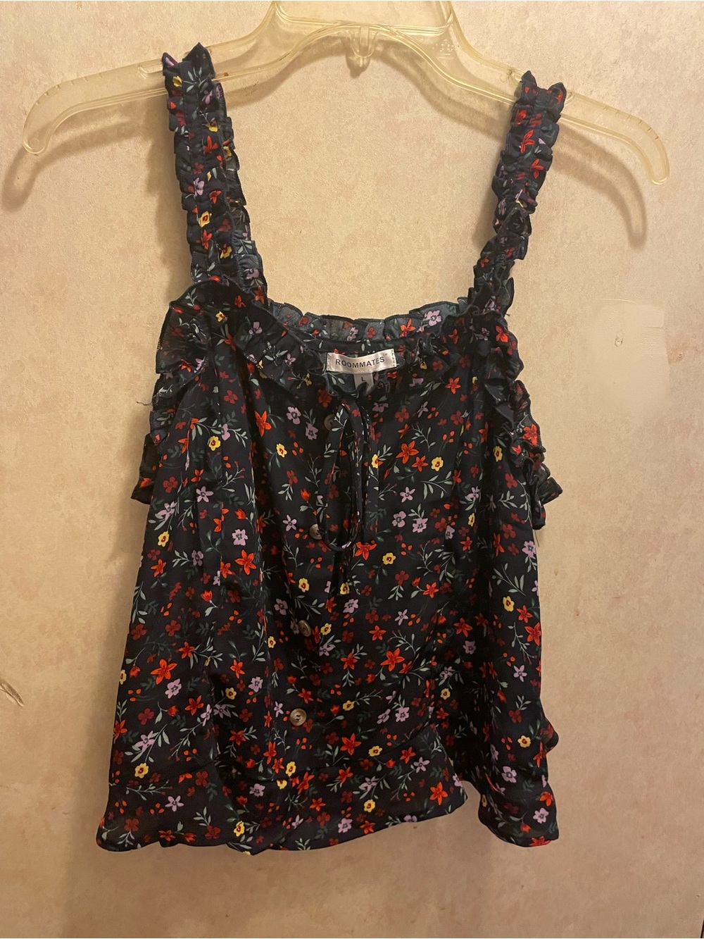 Roommates Black Floral Ruffle Strap Cami with Multicolor Blossoms
